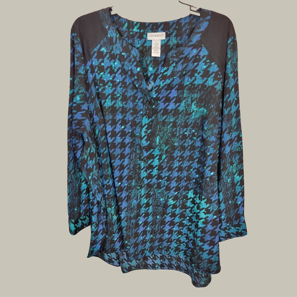 Catherines Tunic Blouse Houndstooth Suede Trim Career Top Black Blue 1X 18/20W
